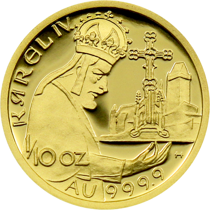 Přední strana Zlatá mince 1000 Kč KAREL IV. Založení Karlštejna 1999 Proof