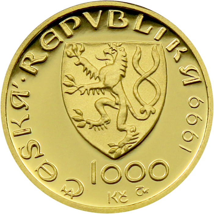 Zadní strana Zlatá mince 1000 Kč KAREL IV. Založení Karlštejna 1999 Proof