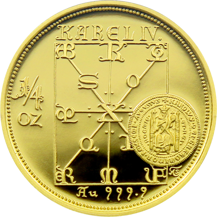 Přední strana Zlatá mince 2500 Kč KAREL IV. Právní dokumenty 1998 - 1999 Proof