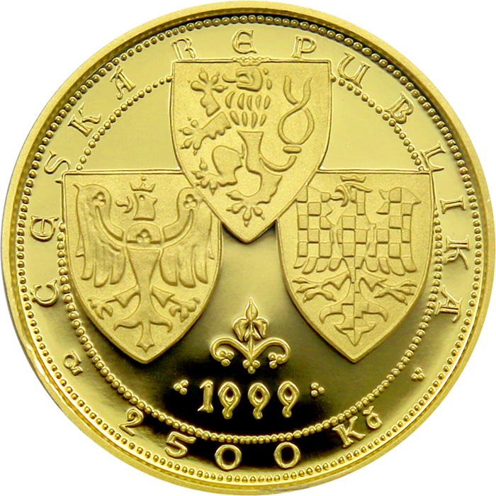 Zadní strana Zlatá mince 2500 Kč KAREL IV. Právní dokumenty 1998 - 1999 Proof