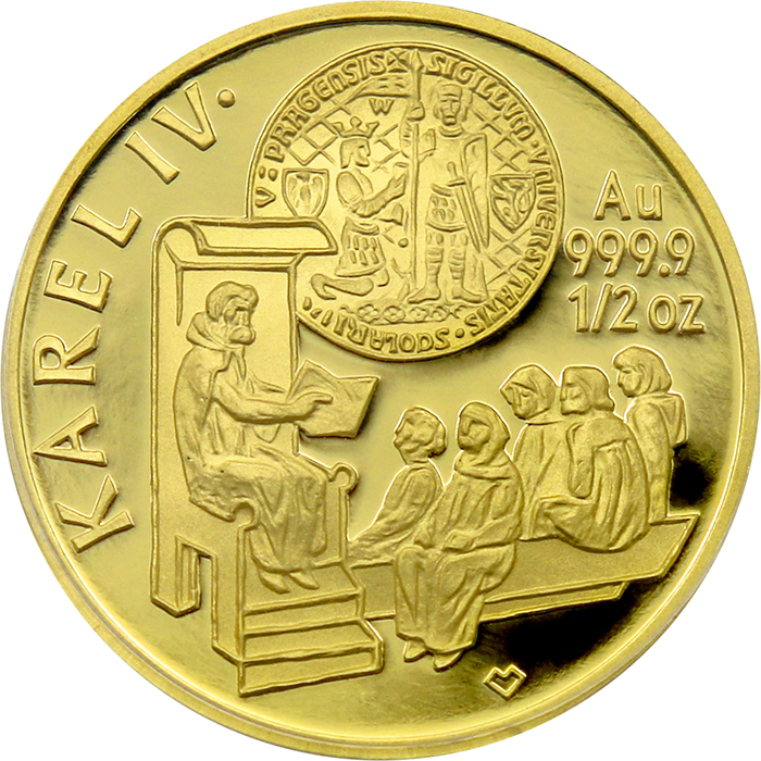 Přední strana Zlatá mince 5000 Kč KAREL IV. Založení Univerzity Karlovy 1998 - 1999 Proof