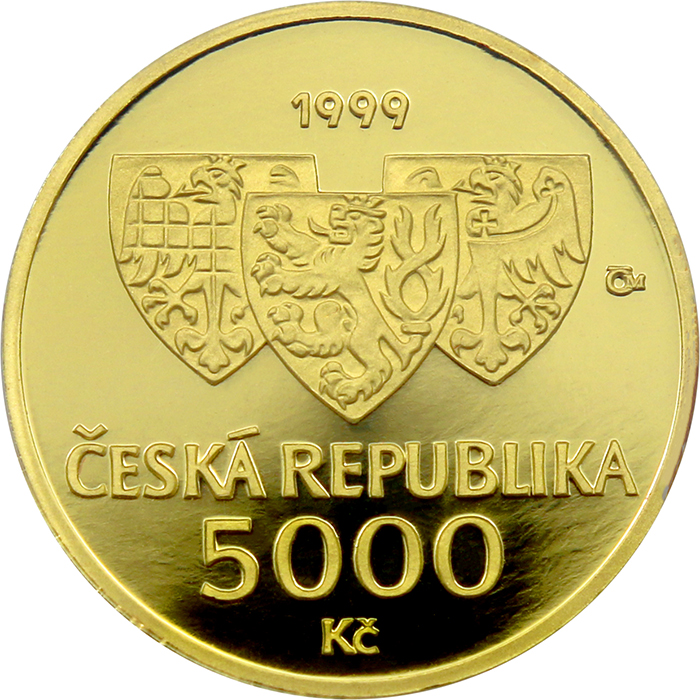 Zadní strana Zlatá mince 5000 Kč KAREL IV. Založení Univerzity Karlovy 1998 - 1999 Proof