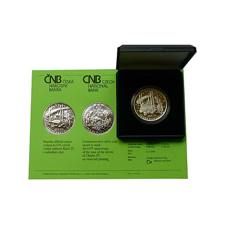 Stříbrná mince 200 Kč Karel IV. Vydání nařízení o zakládání vinic 650. výročí 2008 Proof 