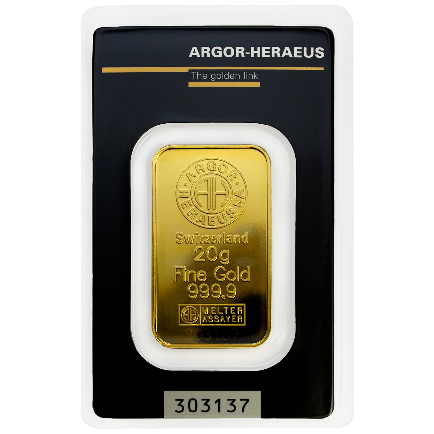 Přední strana 20g Argor Heraeus SA Švýcarsko Investiční zlatý slitek 