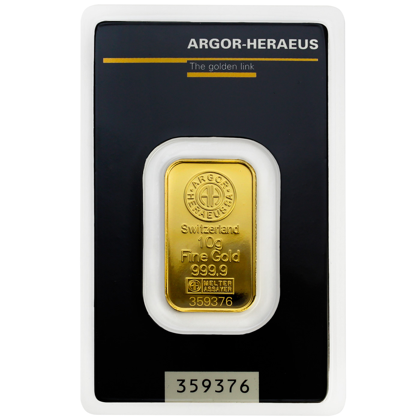 Přední strana 10g Argor Heraeus SA Švýcarsko Investiční zlatý slitek 