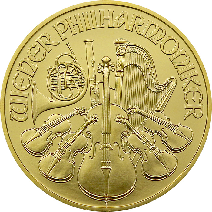 Zadní strana Zlatá investičná minca Wiener Philharmoniker 1 Oz