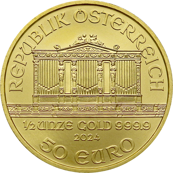 Přední strana Zlatá investiční mince Wiener Philharmoniker 1/2 Oz 