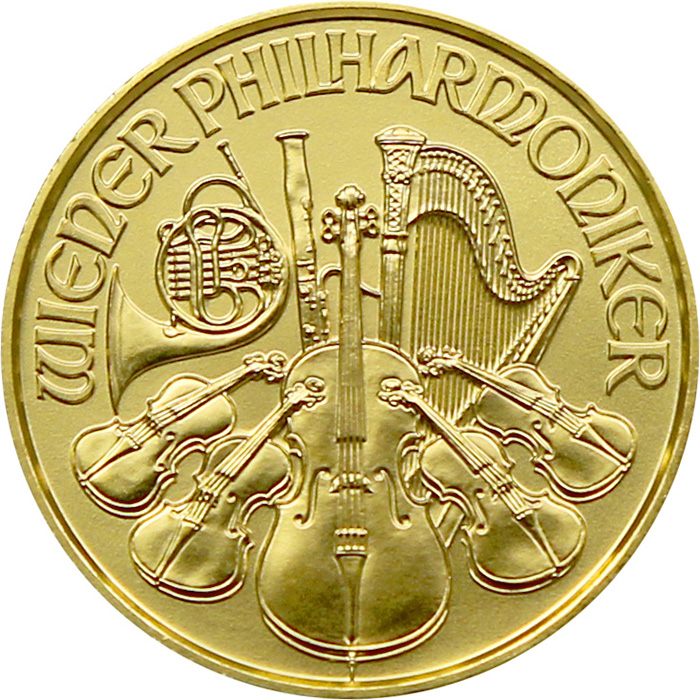 Zadní strana Zlatá investiční mince Wiener Philharmoniker 1/10 Oz 