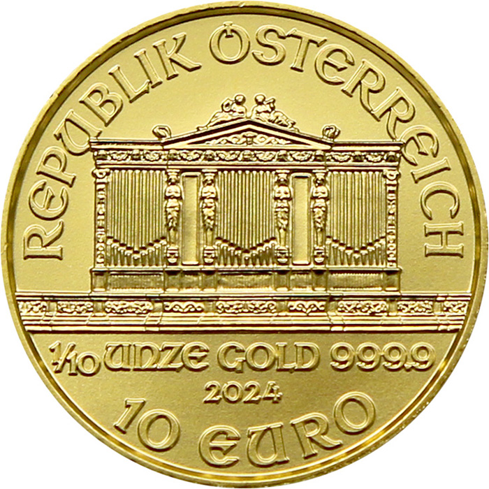 Přední strana Zlatá investiční minca Wiener Philharmoniker 1/10 Oz