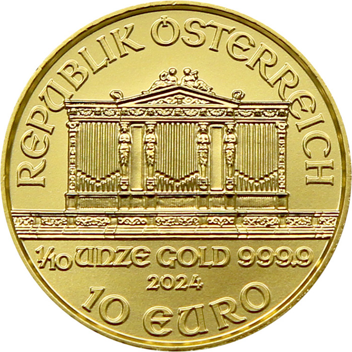 Přední strana Gold investment coin Wiener Philharmoniker 1/10 Oz 