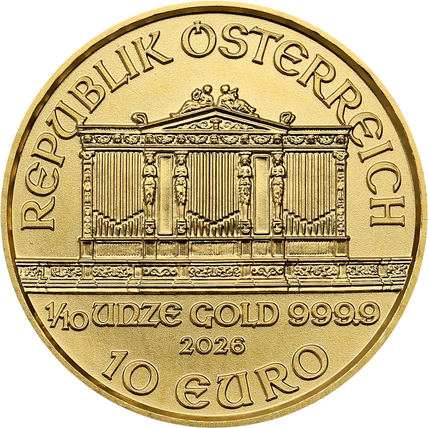 Přední strana Arany befektetési érme Wiener Philharmoniker 1/10 Oz 