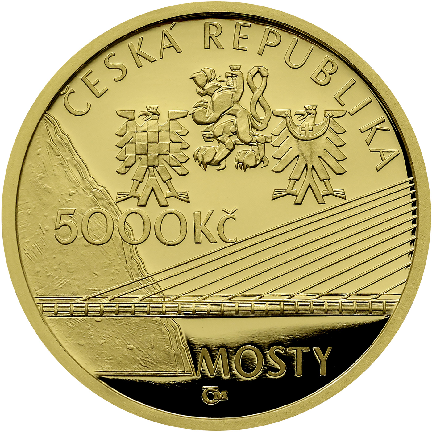 Zadní strana Zlatá mince 5000 Kč Mariánský most v Ústí nad Labem 2015 Proof