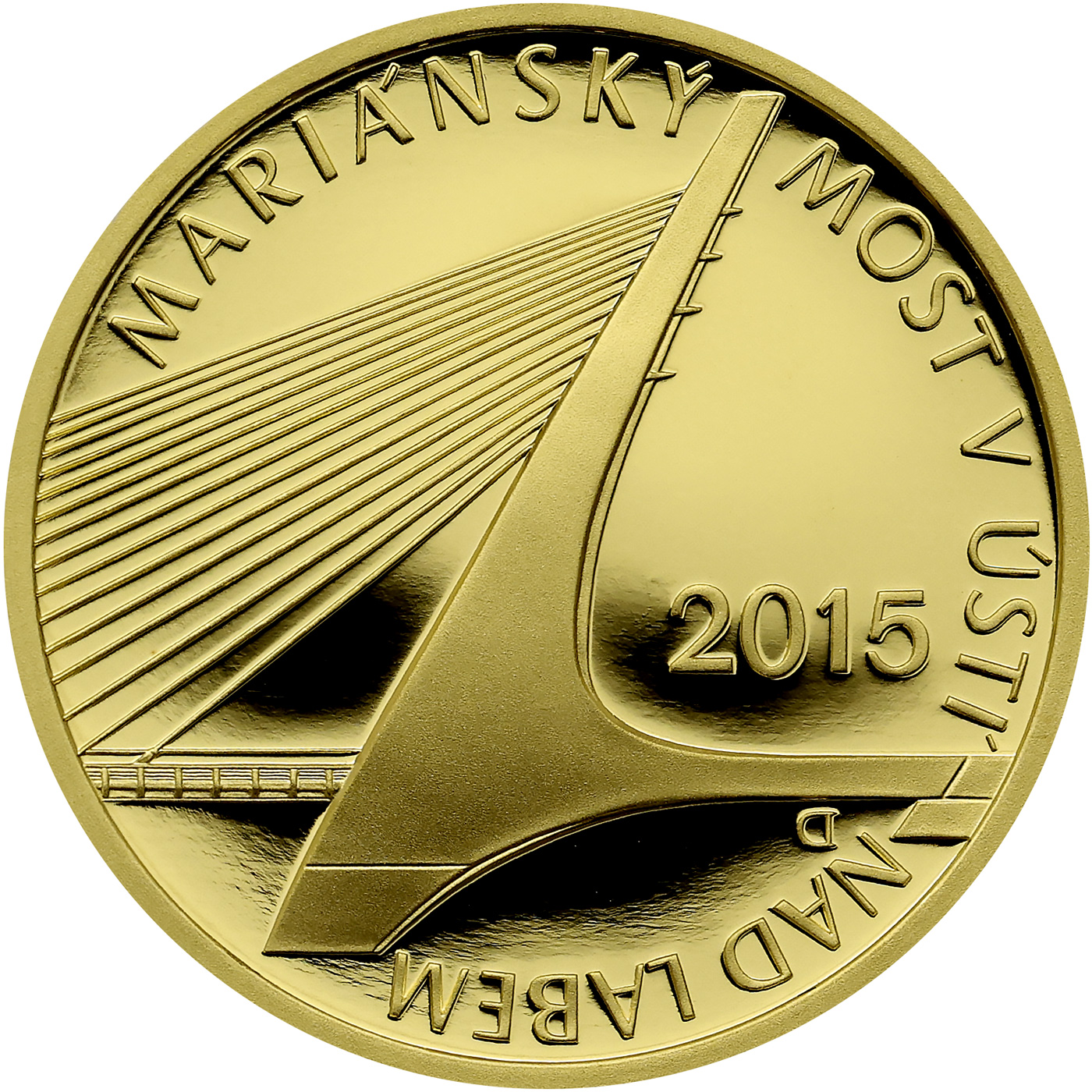 Přední strana Zlatá mince 5000 Kč Mariánský most v Ústí nad Labem 2015 Proof