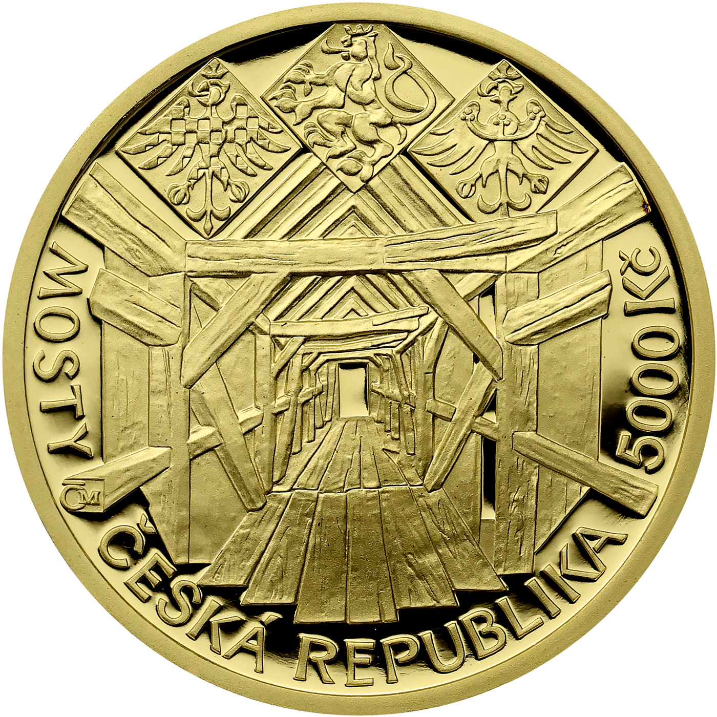 Zadní strana Zlatá mince 5000 Kč Dřevěný most v Lenoře 2013 Proof