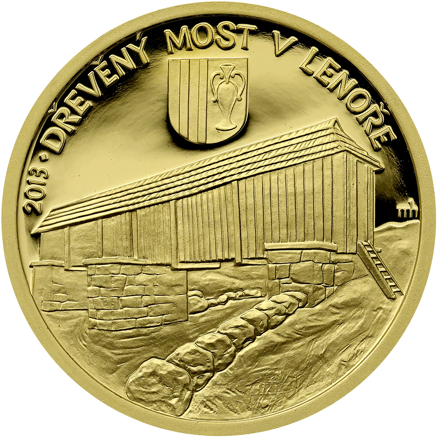 Přední strana Zlatá mince 5000 Kč Dřevěný most v Lenoře 2013 Proof