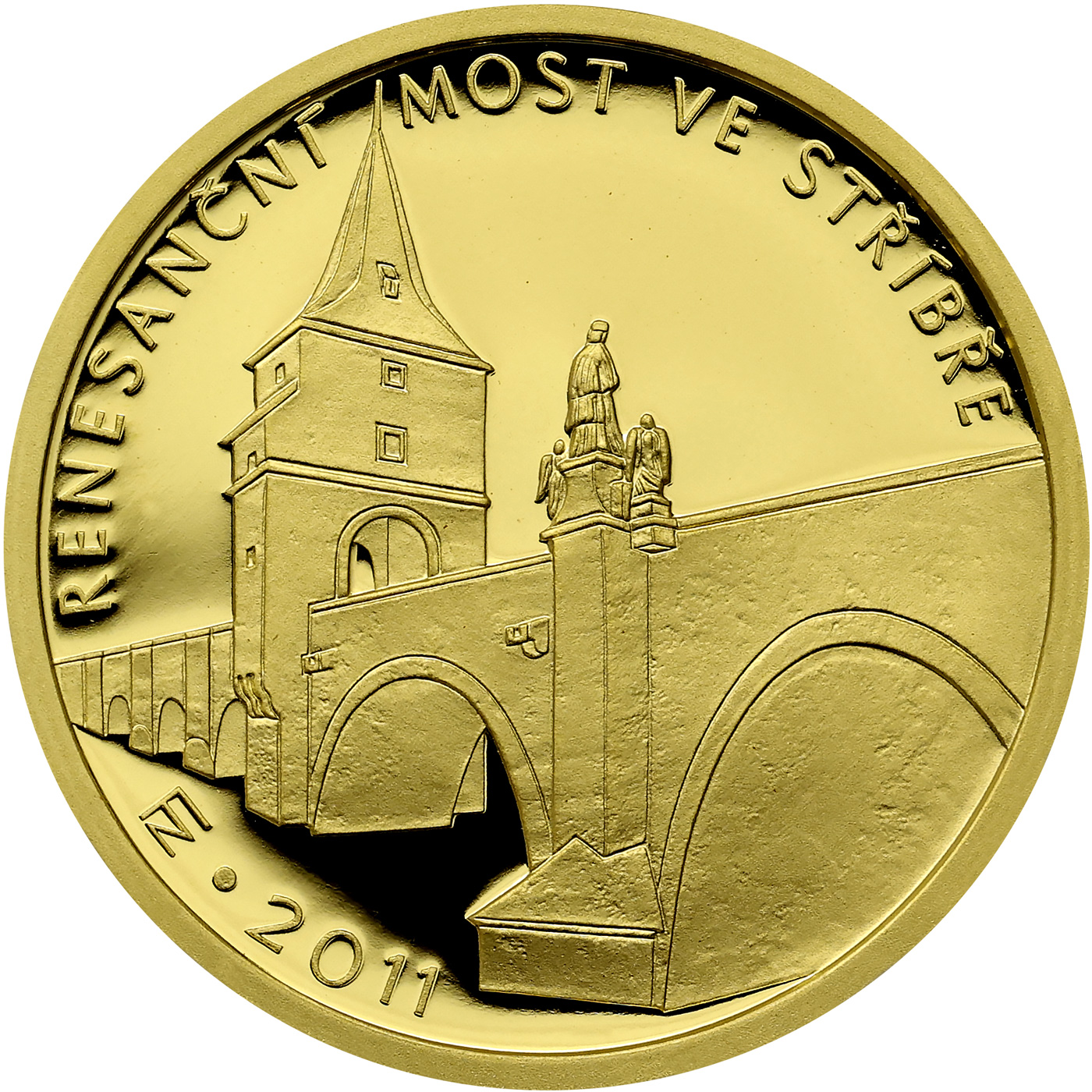 Přední strana Zlatá mince 5000 Kč Renesanční most ve Stříbře 2011 Proof