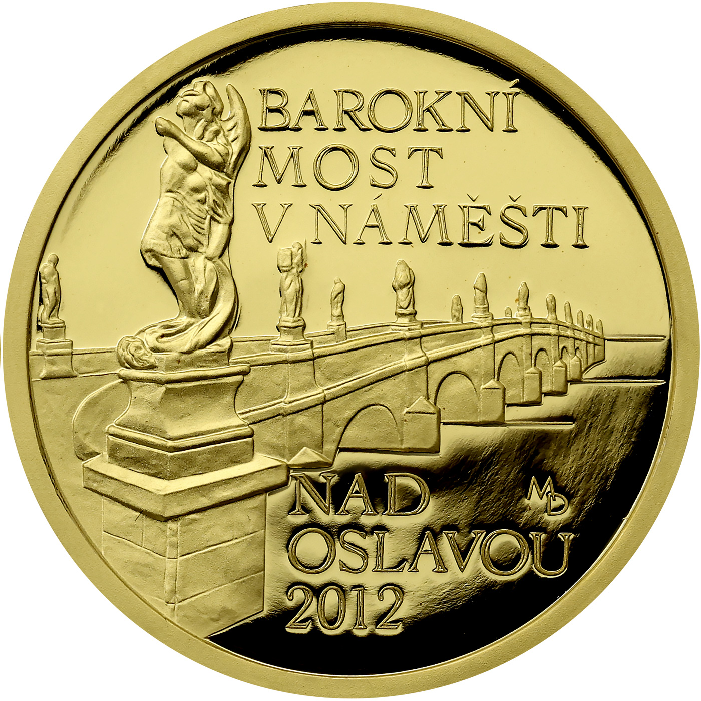 Přední strana Zlatá mince 5000 Kč Barokní most v Náměšti nad Oslavou 2012 Proof 