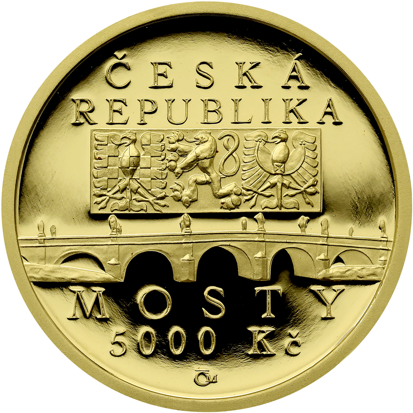 Zadní strana Zlatá mince 5000 Kč Barokní most v Náměšti nad Oslavou 2012 Proof 