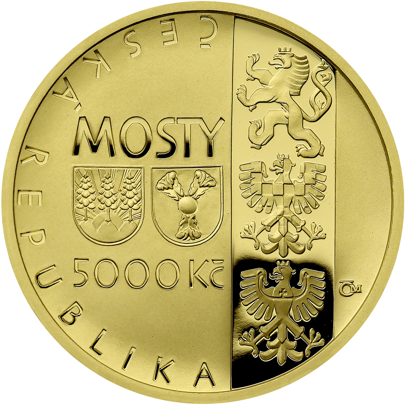 Zadní strana Zlatá mince 5000 Kč Jizerský Viadukt na trati Tanvald - Harrachov 2014 Proof