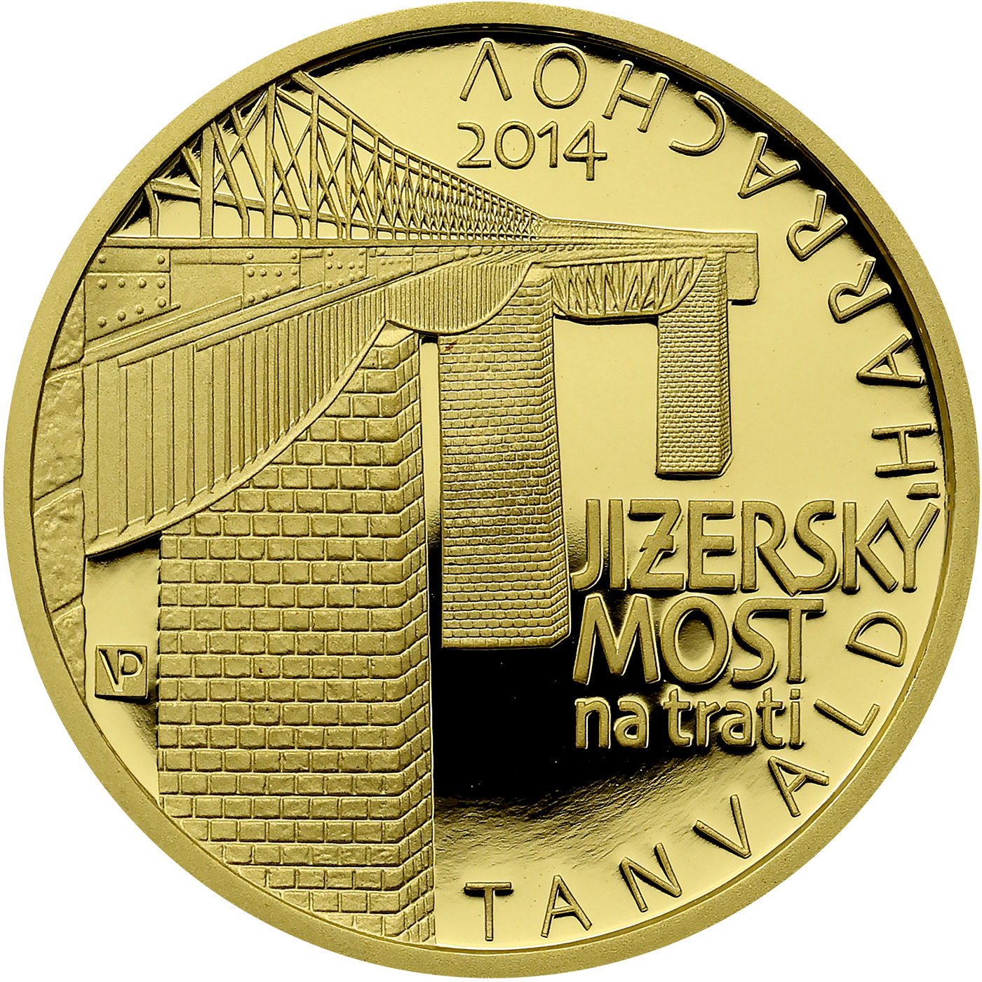 Přední strana Zlatá mince 5000 Kč Jizerský Viadukt na trati Tanvald - Harrachov 2014 Proof