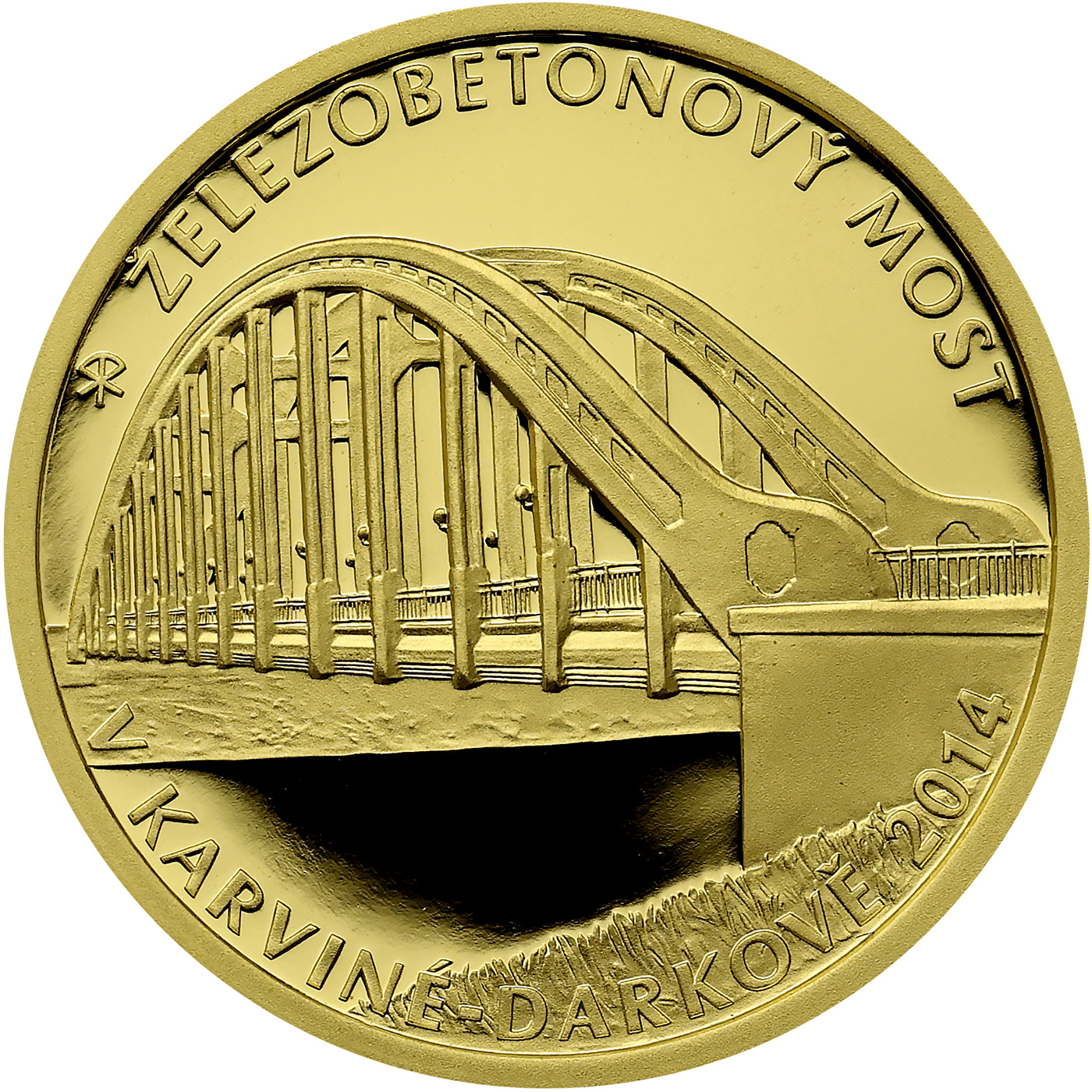 Přední strana Zlatá mince 5000 Kč Železobetonový most v Karviné - Darkově 2014 Proof