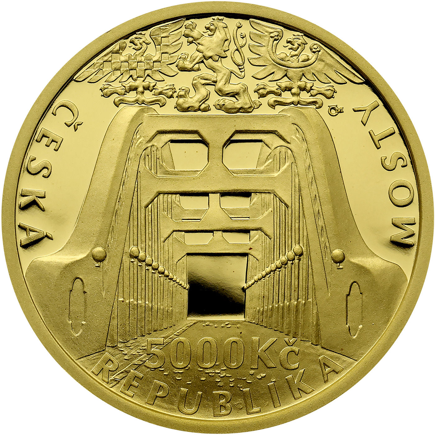 Zadní strana Zlatá mince 5000 Kč Železobetonový most v Karviné - Darkově 2014 Proof