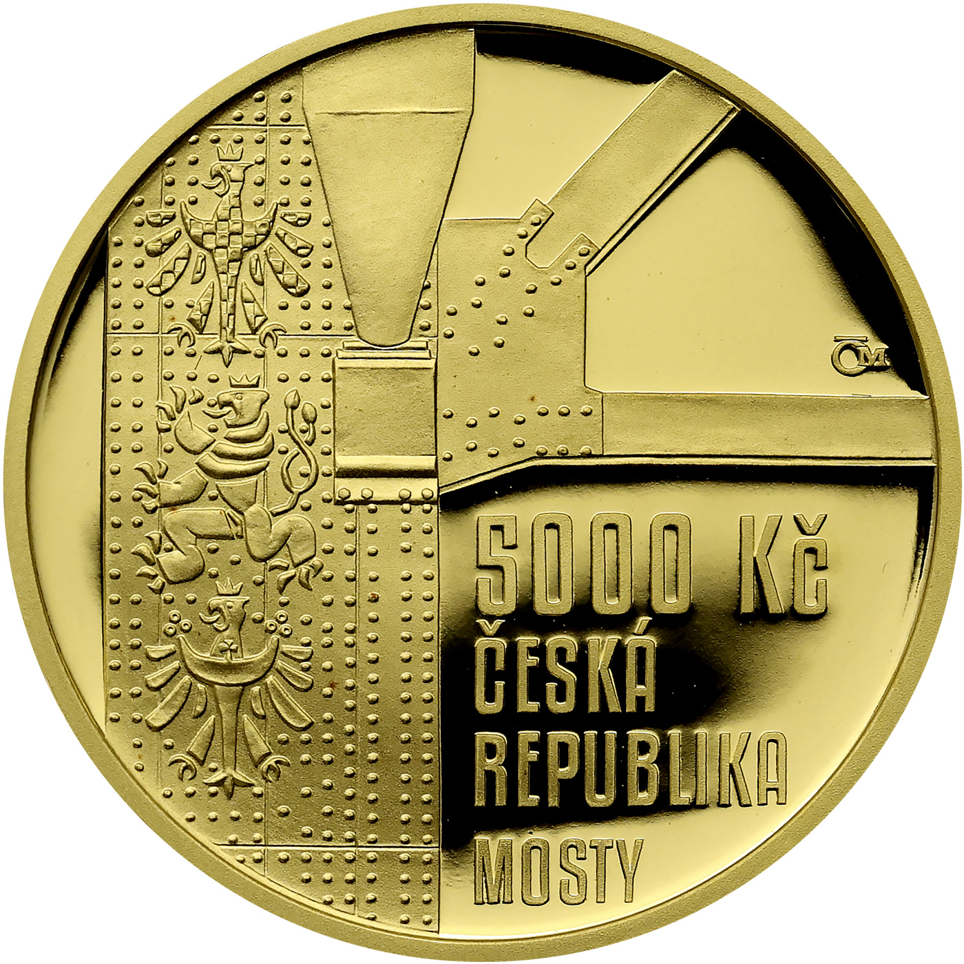 Zadní strana Zlatá mince 5000 Kč Žďákovský obloukový most 2015 Proof