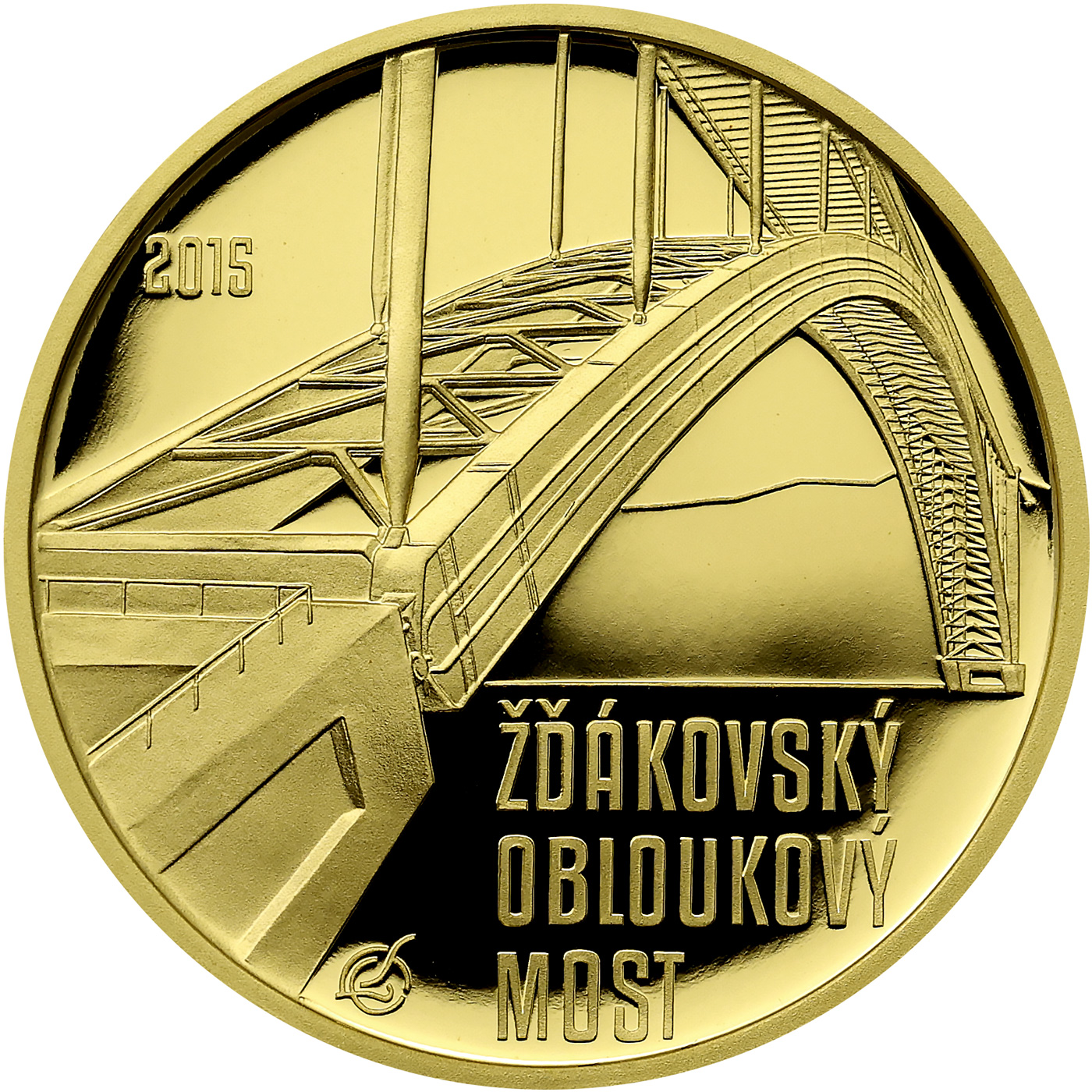 Přední strana Zlatá mince 5000 Kč Žďákovský obloukový most 2015 Proof