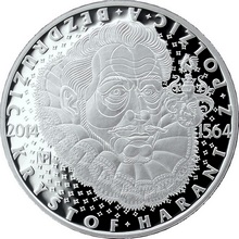 Přední strana Stříbrná mince 200 Kč Kryštof Harant z Polžic a Bezdružic 450. výročí narození 2014 Proof