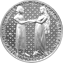 Přední strana Strieborná minca 200 Kč Jan Lucemburský a Eliška Nástup na trôn 700. výročie 2010 Štandard