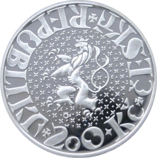 Zadní strana Strieborná minca 200 Kč Jan Lucemburský a Eliška Nástup na trôn 700. výročie 2010 Štandard