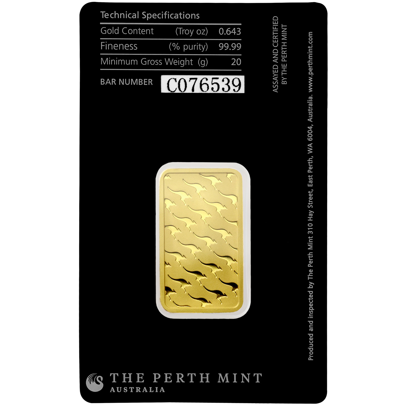 Zadní strana 20g Perth Mint Investiční zlatý slitek