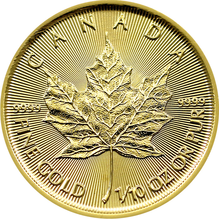 Přední strana Zlatá investiční mince Maple Leaf 1/10 Oz 