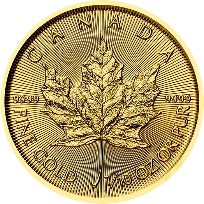 Přední strana Zlatá investiční mince Maple Leaf 1/10 Oz 