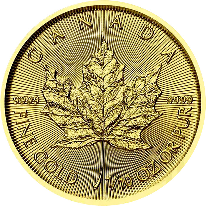 Přední strana Zlatá investiční mince Maple Leaf 1/10 Oz 