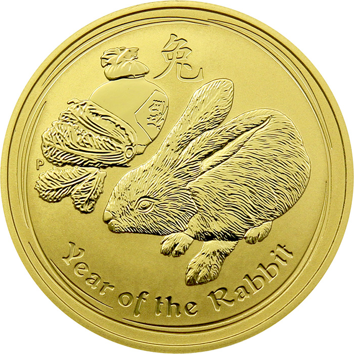 Přední strana Zlatá investiční mince Year of the Rabbit Rok Králíka Lunární 1 Oz 2011 