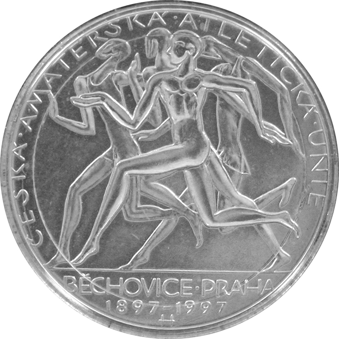Přední strana Strieborná minca 200 Sk Založenie České amatérske atletické únie 100. výročie 1997 Štandard