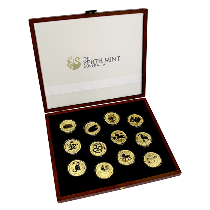 Zadní strana Luxusná sada 12 zlatých mincí 1 Oz Lunárna séria II. 2008 - 2019 