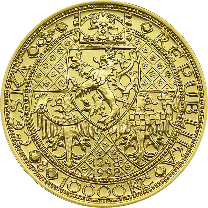Zadní strana Zlatá minca 10000 Kč KAREL IV. Nové Mesto Pražské 1998 Štandard