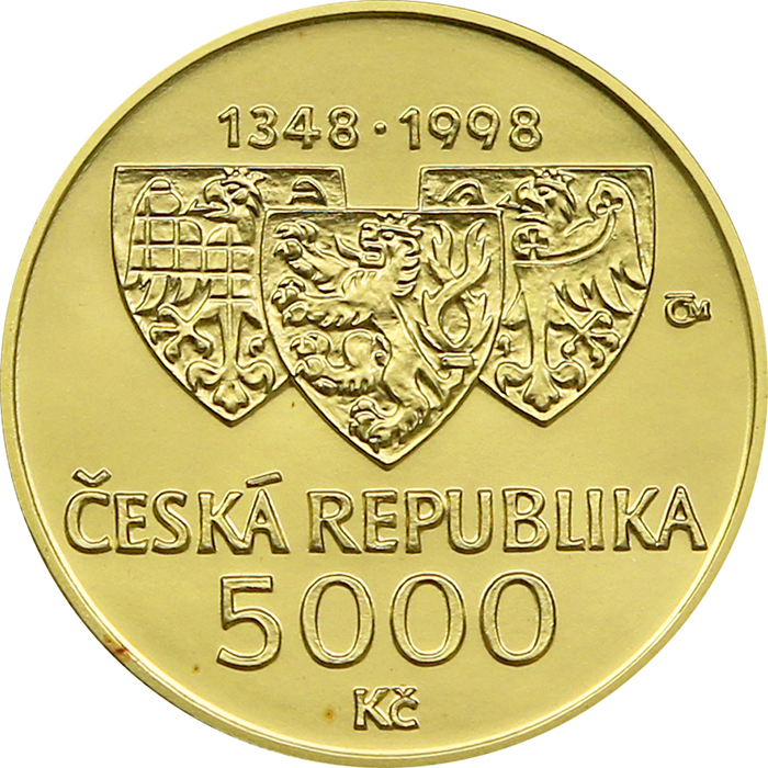 Zadní strana Zlatá mince 5000 Kč KAREL IV. Založení Univerzity Karlovy 1998 Standard