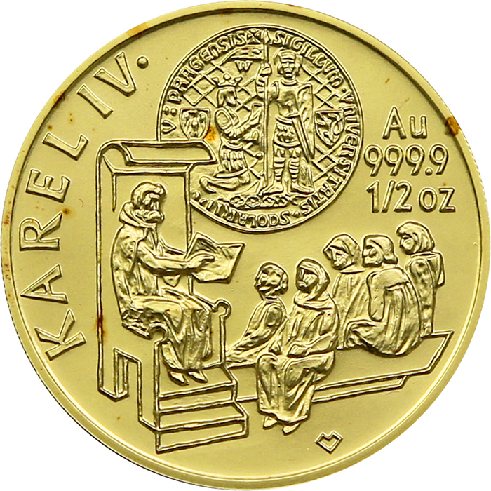 Přední strana Zlatá mince 5000 Kč KAREL IV. Založení Univerzity Karlovy 1998 Standard