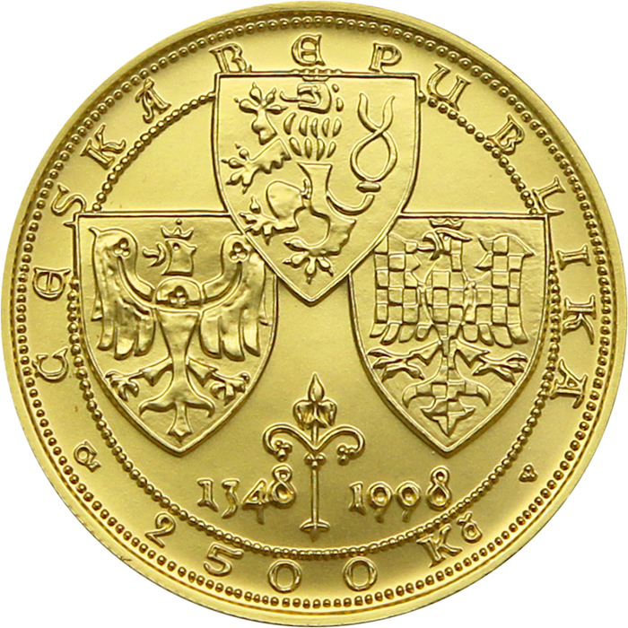 Zadní strana Zlatá minca 2500 Kč KAREL IV. Právne dokumenty 1998 Štandard