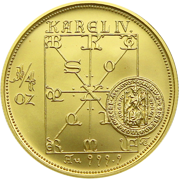 Přední strana Zlatá minca 2500 Kč KAREL IV. Právne dokumenty 1998 Štandard