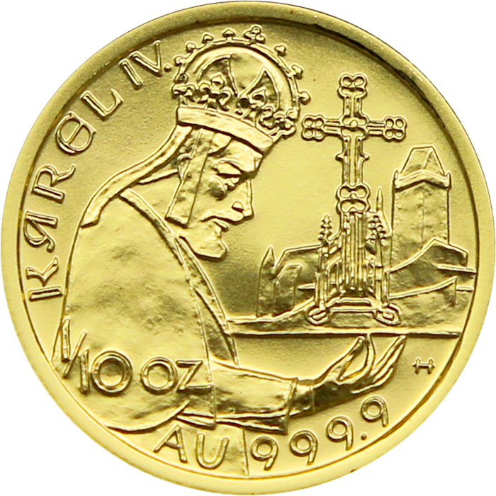 Přední strana Zlatá mince 1000 Kč KAREL IV. Založení Karlštejna 1998 Standard