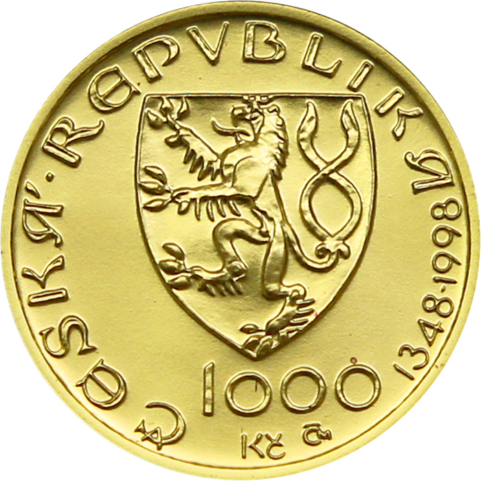 Zadní strana Zlatá mince 1000 Kč KAREL IV. Založení Karlštejna 1998 Standard