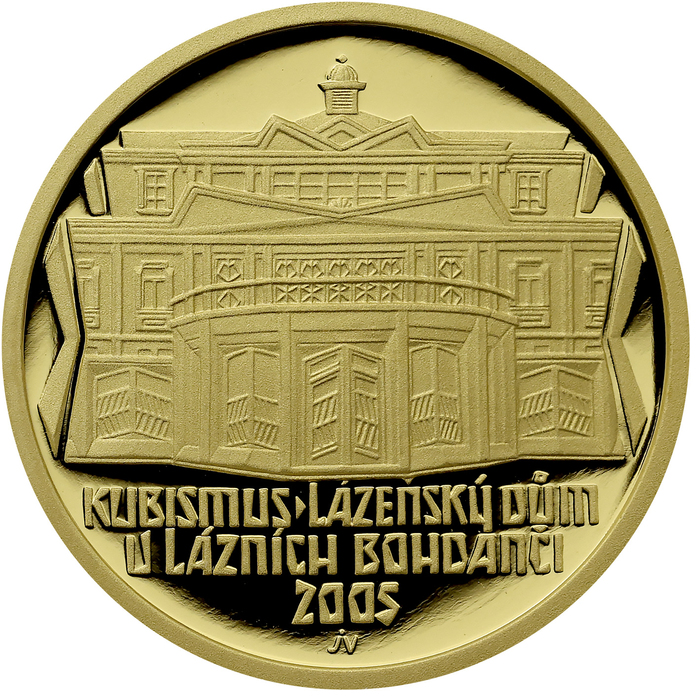Přední strana Zlatá mince 2000 Kč Lázeňský Dům v Lázních Bohdanči Kubismus 2005 Proof