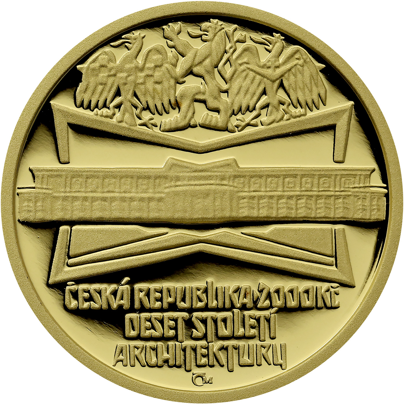 Zadní strana Zlatá mince 2000 Kč Lázeňský Dům v Lázních Bohdanči Kubismus 2005 Proof