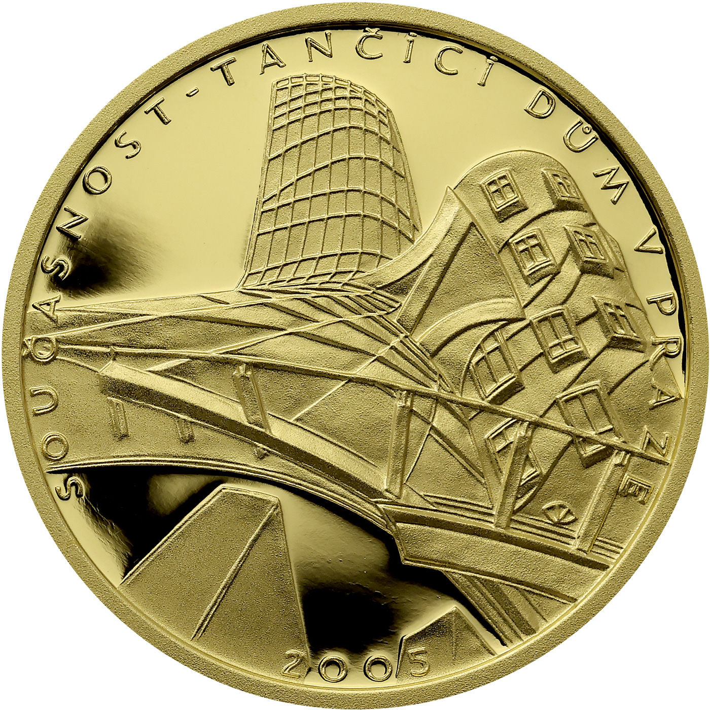 Přední strana Zlatá mince 2000 Kč Tančící Dům v Praze Současnost 2005 Proof