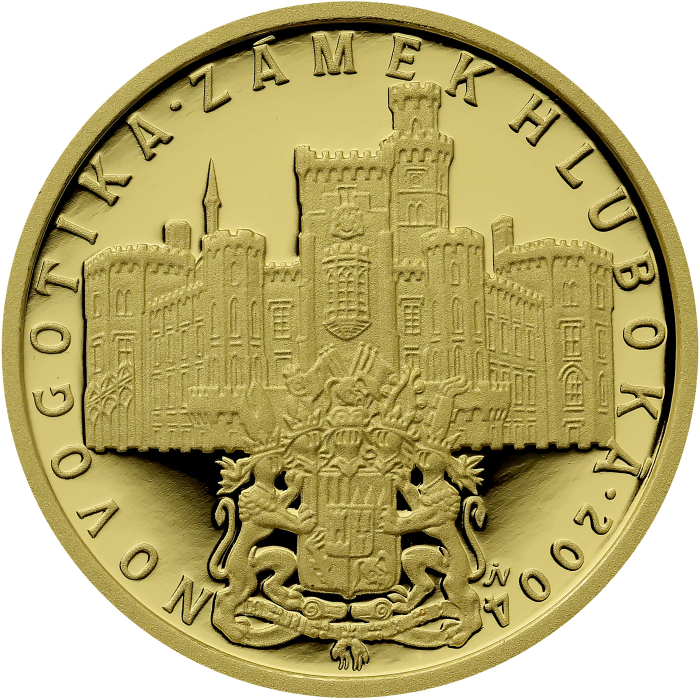 Přední strana Zlatá mince 2000 Kč Zámek Hluboká Novogotika 2004 Proof