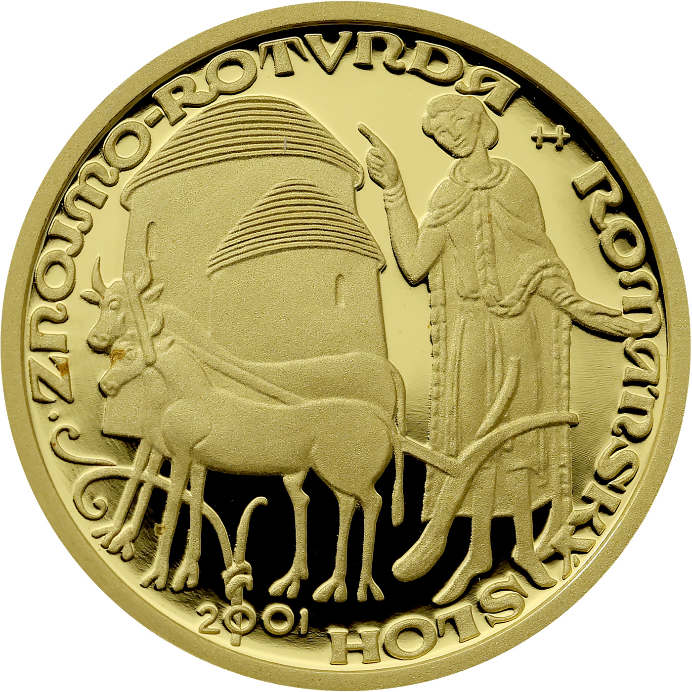 Přední strana Zlatá mince 2000 Kč Rotunda Ve Znojmě Románský Sloh 2001 Proof